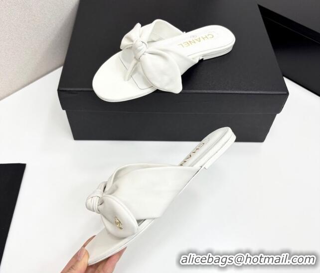 Low Price Chanel Lambskin Flat Thong Slide Sandals with Bow White 2025 CH041705