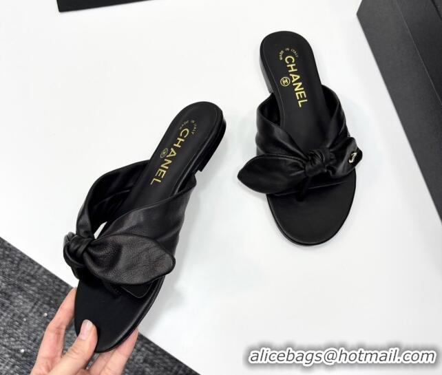 Shop Duplicate Chanel Lambskin Flat Thong Slide Sandals with Bow Black 2025 CH041705
