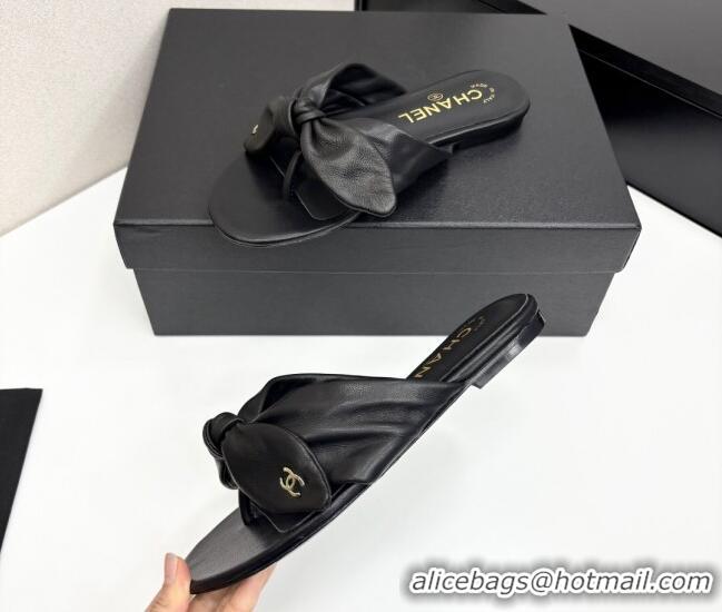 Shop Duplicate Chanel Lambskin Flat Thong Slide Sandals with Bow Black 2025 CH041705
