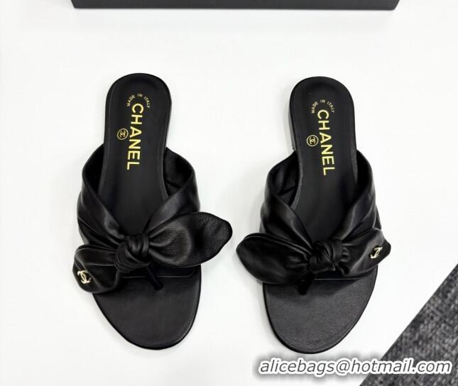 Shop Duplicate Chanel Lambskin Flat Thong Slide Sandals with Bow Black 2025 CH041705
