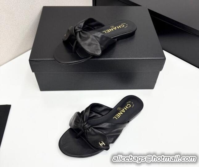 Shop Duplicate Chanel Lambskin Flat Thong Slide Sandals with Bow Black 2025 CH041705
