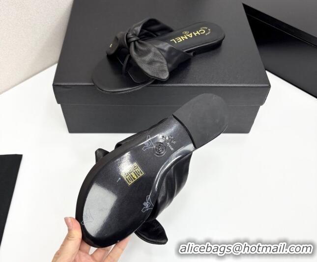 Shop Duplicate Chanel Lambskin Flat Thong Slide Sandals with Bow Black 2025 CH041705