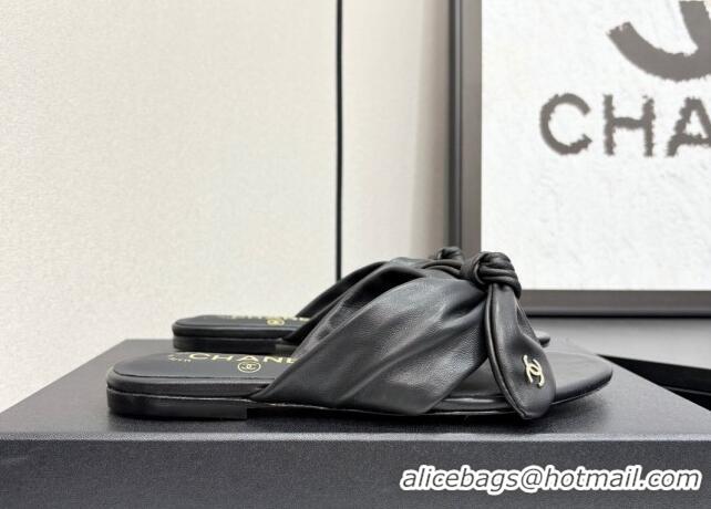 Shop Duplicate Chanel Lambskin Flat Thong Slide Sandals with Bow Black 2025 CH041705
