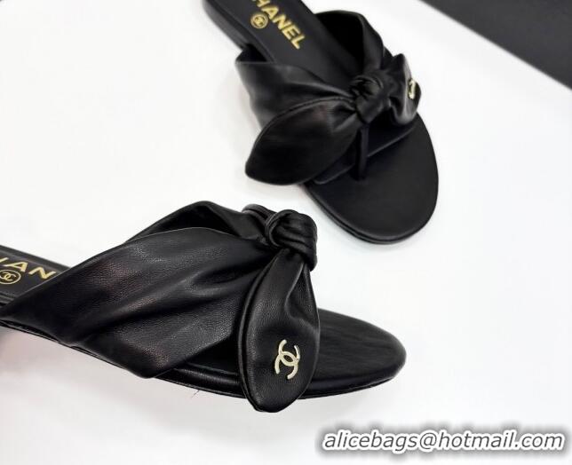 Shop Duplicate Chanel Lambskin Flat Thong Slide Sandals with Bow Black 2025 CH041705