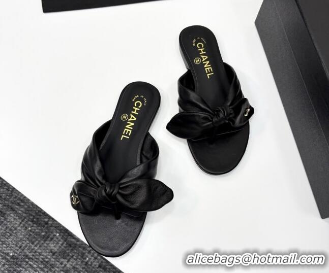 Shop Duplicate Chanel Lambskin Flat Thong Slide Sandals with Bow Black 2025 CH041705