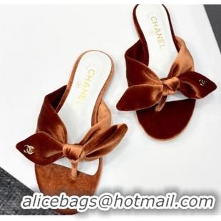 Stylish Chanel Velvet Flat Thong Slide Sandals with Bow Brown 2025 CH041705
