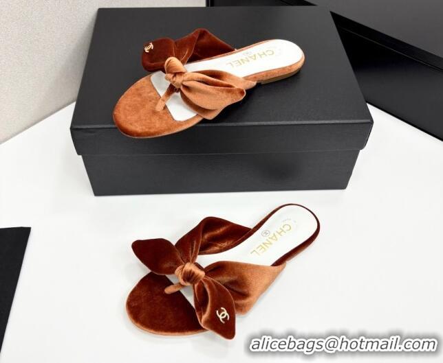 Stylish Chanel Velvet Flat Thong Slide Sandals with Bow Brown 2025 CH041705