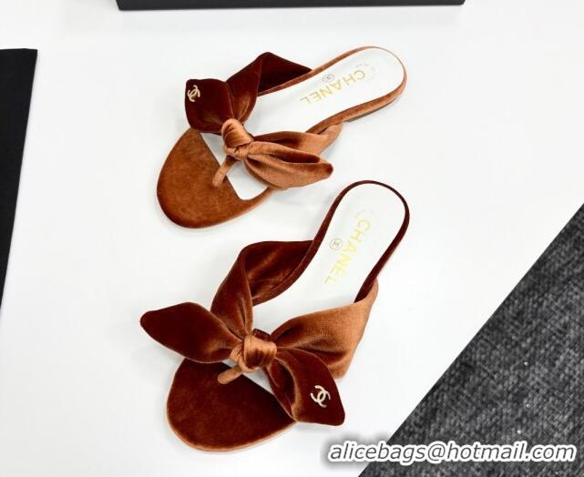 Stylish Chanel Velvet Flat Thong Slide Sandals with Bow Brown 2025 CH041705