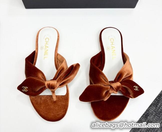 Stylish Chanel Velvet Flat Thong Slide Sandals with Bow Brown 2025 CH041705