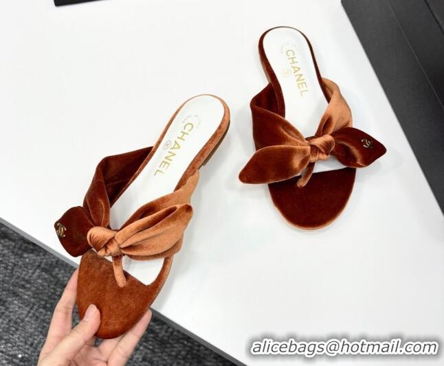 Stylish Chanel Velvet Flat Thong Slide Sandals with Bow Brown 2025 CH041705
