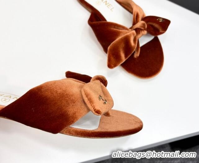 Stylish Chanel Velvet Flat Thong Slide Sandals with Bow Brown 2025 CH041705