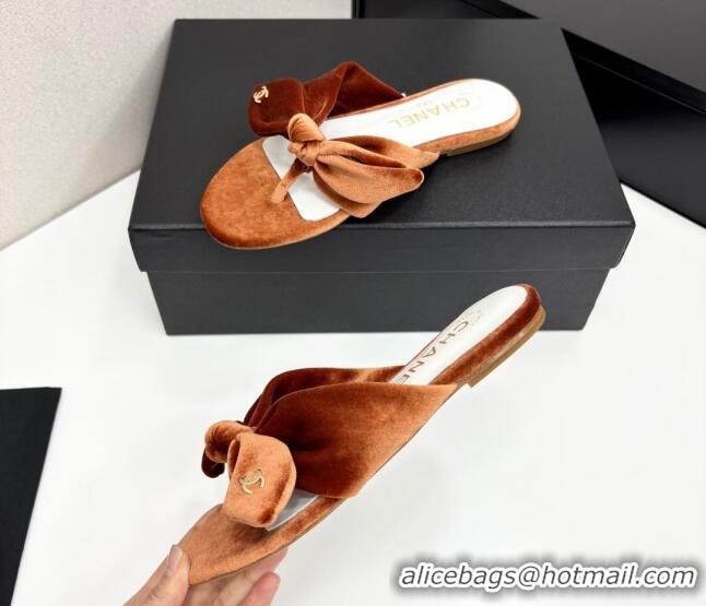 Stylish Chanel Velvet Flat Thong Slide Sandals with Bow Brown 2025 CH041705