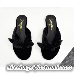 Good Quality Chanel Velvet Flat Thong Slide Sandals with Bow Black 2025 CH041705