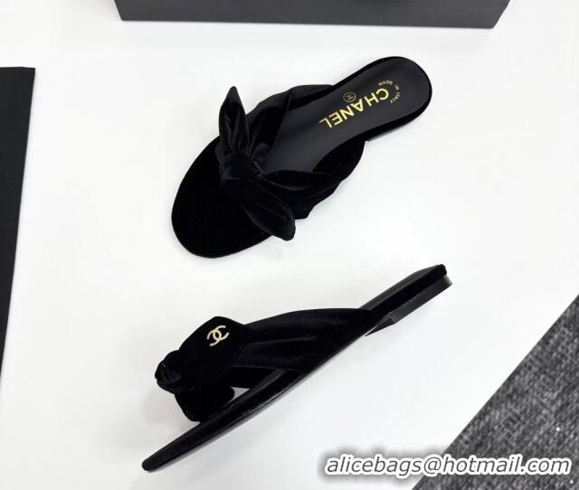 Good Quality Chanel Velvet Flat Thong Slide Sandals with Bow Black 2025 CH041705