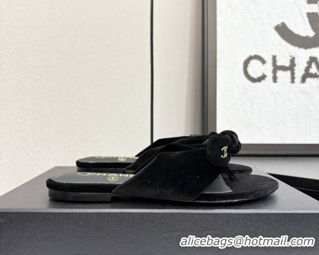 Good Quality Chanel Velvet Flat Thong Slide Sandals with Bow Black 2025 CH041705