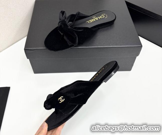 Good Quality Chanel Velvet Flat Thong Slide Sandals with Bow Black 2025 CH041705