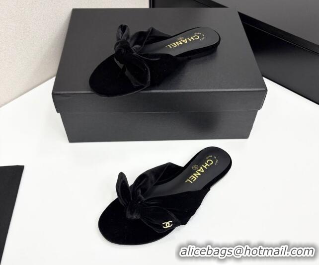 Good Quality Chanel Velvet Flat Thong Slide Sandals with Bow Black 2025 CH041705