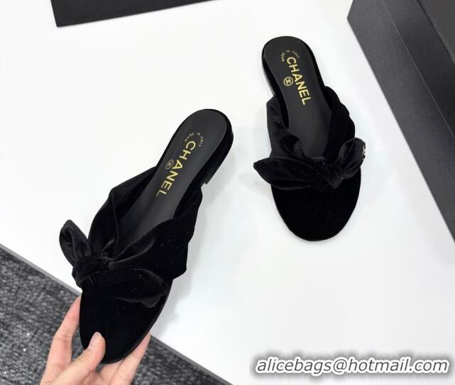 Good Quality Chanel Velvet Flat Thong Slide Sandals with Bow Black 2025 CH041705