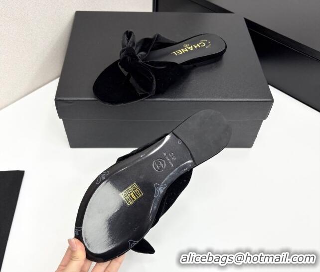 Good Quality Chanel Velvet Flat Thong Slide Sandals with Bow Black 2025 CH041705