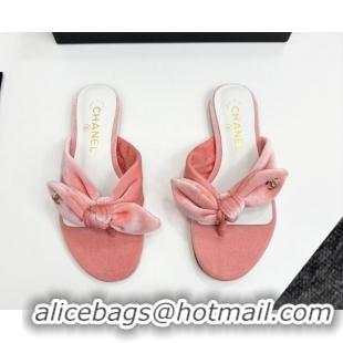 Best Price Chanel Velvet Flat Thong Slide Sandals with Bow Light Pink 2025 CH041705