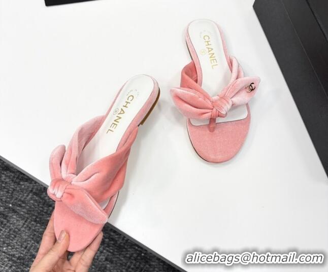 Best Price Chanel Velvet Flat Thong Slide Sandals with Bow Light Pink 2025 CH041705
