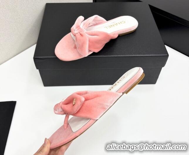 Best Price Chanel Velvet Flat Thong Slide Sandals with Bow Light Pink 2025 CH041705
