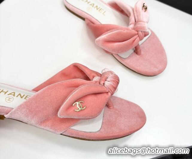 Best Price Chanel Velvet Flat Thong Slide Sandals with Bow Light Pink 2025 CH041705