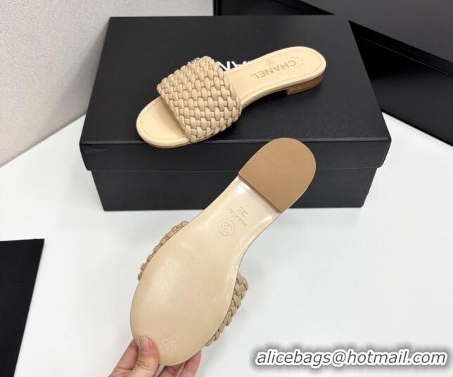 Purchase Chanel Woven Leather Flat Slides Sandal Beige 2025 CH041706