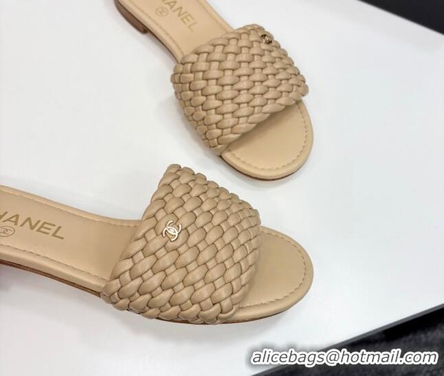 Purchase Chanel Woven Leather Flat Slides Sandal Beige 2025 CH041706