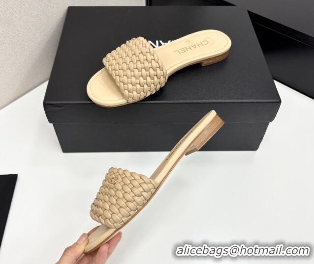 Purchase Chanel Woven Leather Flat Slides Sandal Beige 2025 CH041706