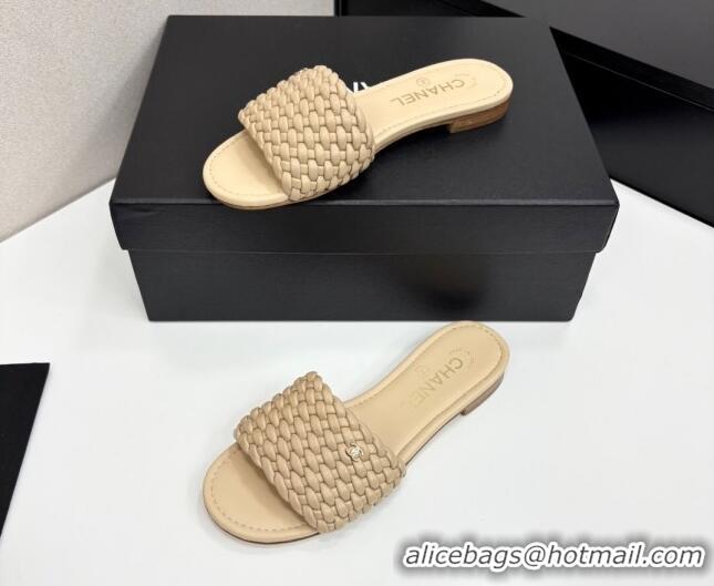 Purchase Chanel Woven Leather Flat Slides Sandal Beige 2025 CH041706