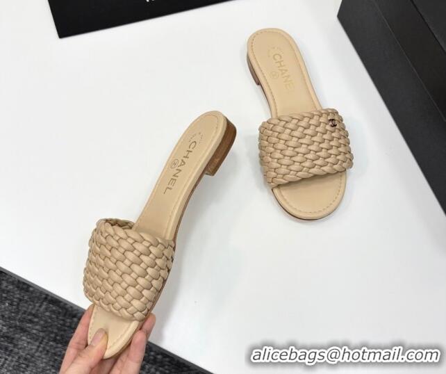 Purchase Chanel Woven Leather Flat Slides Sandal Beige 2025 CH041706