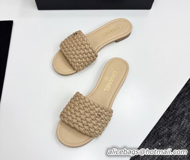 Purchase Chanel Woven Leather Flat Slides Sandal Beige 2025 CH041706