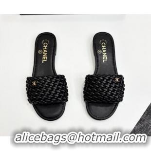Best Grade Chanel Woven Leather Flat Slides Sandal Black 2025 CH041706
