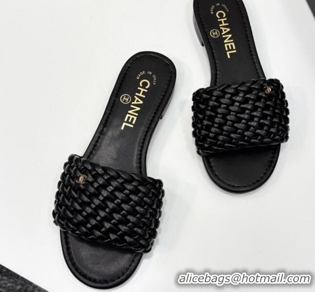 Best Grade Chanel Woven Leather Flat Slides Sandal Black 2025 CH041706