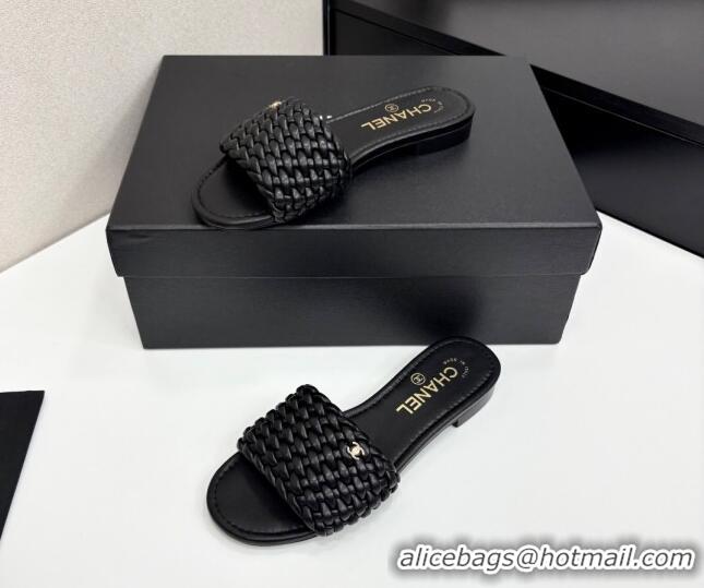 Best Grade Chanel Woven Leather Flat Slides Sandal Black 2025 CH041706