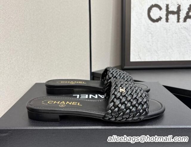 Best Grade Chanel Woven Leather Flat Slides Sandal Black 2025 CH041706