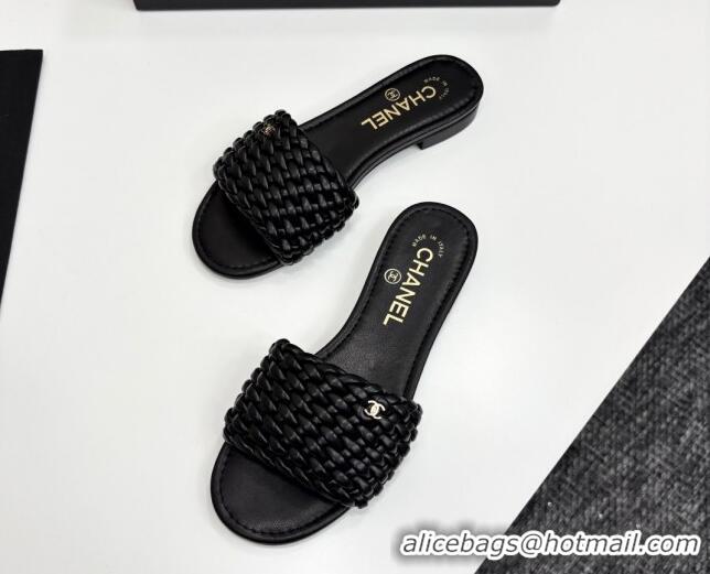 Best Grade Chanel Woven Leather Flat Slides Sandal Black 2025 CH041706
