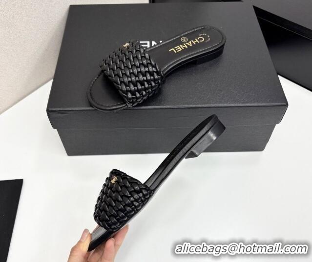 Best Grade Chanel Woven Leather Flat Slides Sandal Black 2025 CH041706