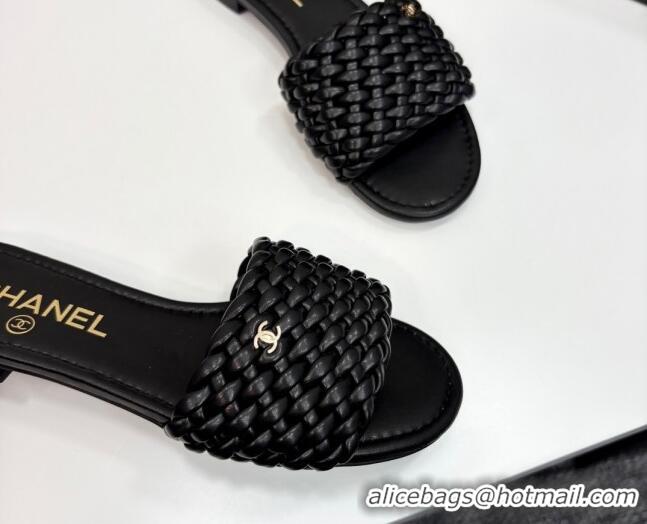 Best Grade Chanel Woven Leather Flat Slides Sandal Black 2025 CH041706