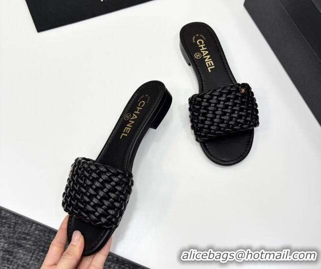 Best Grade Chanel Woven Leather Flat Slides Sandal Black 2025 CH041706