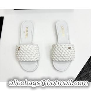 Luxurious Chanel Woven Leather Flat Slides Sandal White 2025 CH041706