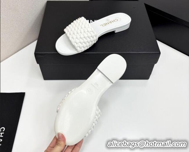 Luxurious Chanel Woven Leather Flat Slides Sandal White 2025 CH041706