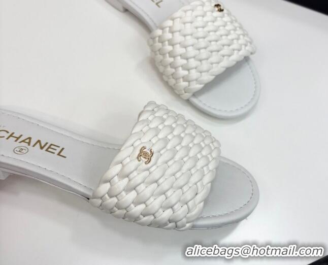 Luxurious Chanel Woven Leather Flat Slides Sandal White 2025 CH041706