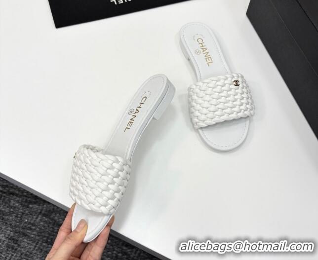 Luxurious Chanel Woven Leather Flat Slides Sandal White 2025 CH041706