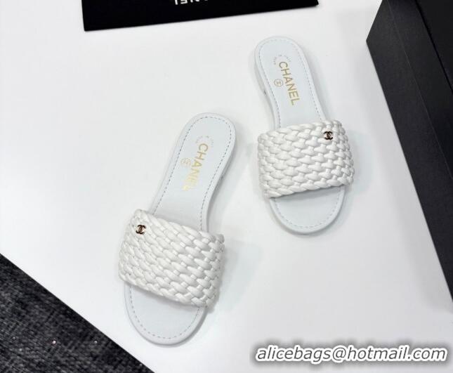Luxurious Chanel Woven Leather Flat Slides Sandal White 2025 CH041706