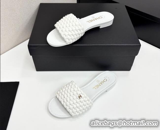 Luxurious Chanel Woven Leather Flat Slides Sandal White 2025 CH041706