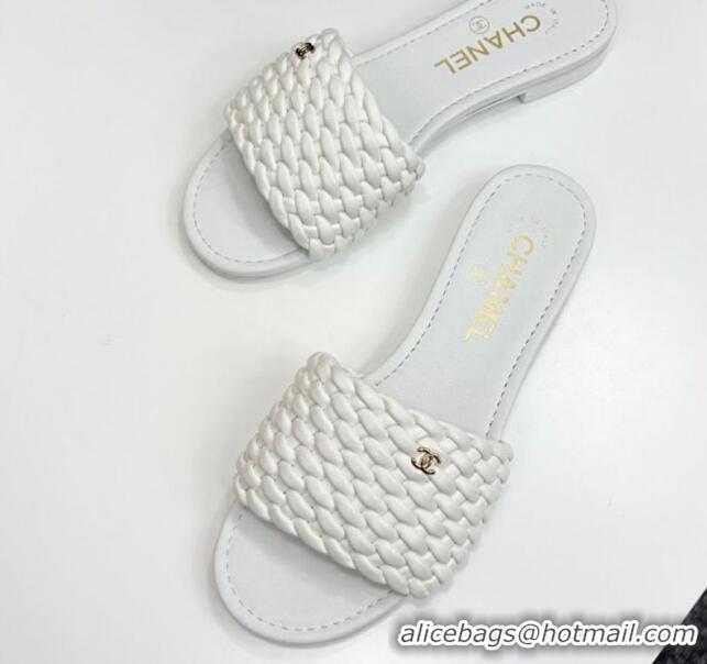 Luxurious Chanel Woven Leather Flat Slides Sandal White 2025 CH041706