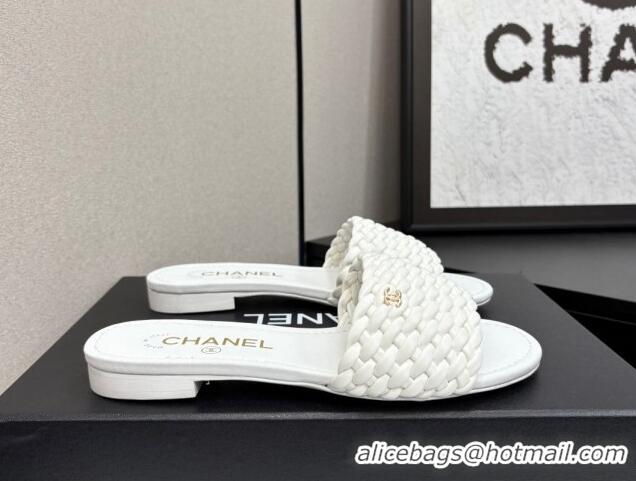 Luxurious Chanel Woven Leather Flat Slides Sandal White 2025 CH041706