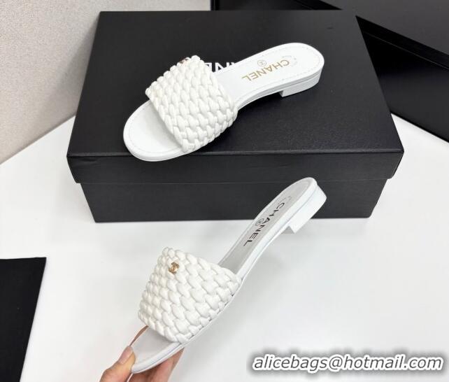 Luxurious Chanel Woven Leather Flat Slides Sandal White 2025 CH041706